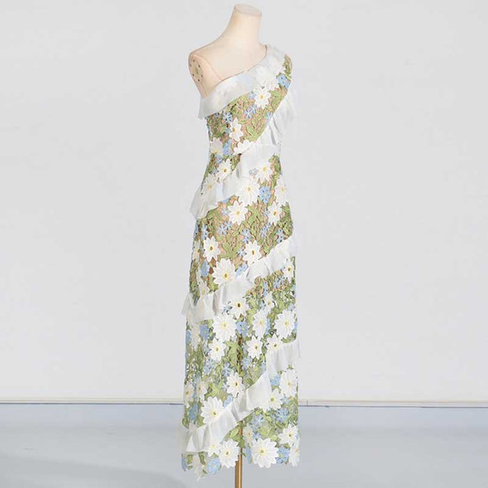 One Shoulder Lace Flora Maxi Dress