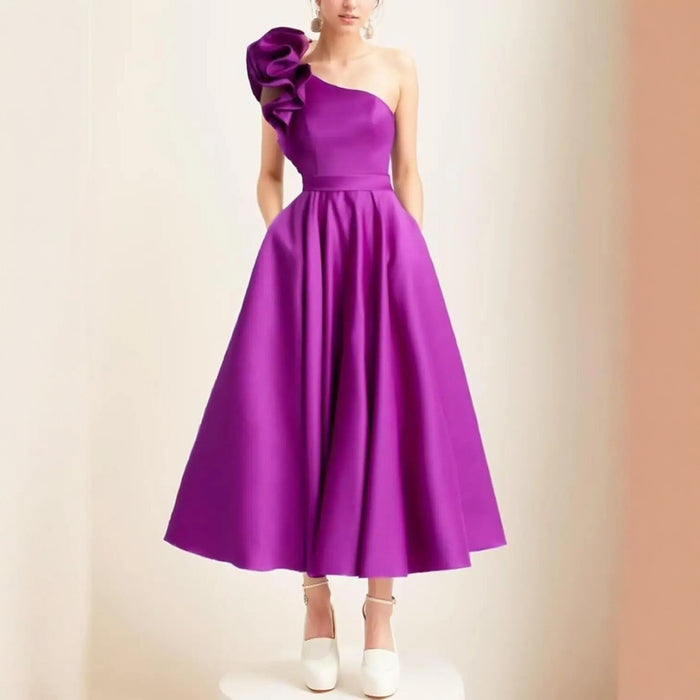 One Shoulder Midi Dress with 3D Flower | Satin Cocktail Party Evening Gown
