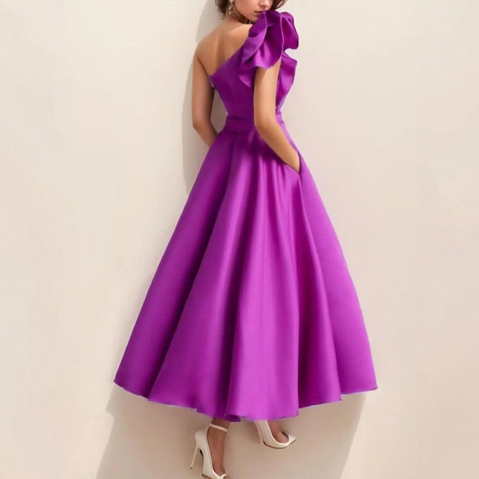 One Shoulder Midi Dress with 3D Flower | Satin Cocktail Party Evening Gown