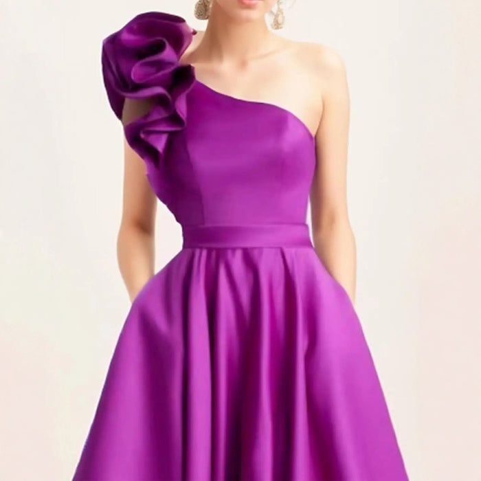 One Shoulder Midi Dress with 3D Flower | Satin Cocktail Party Evening Gown