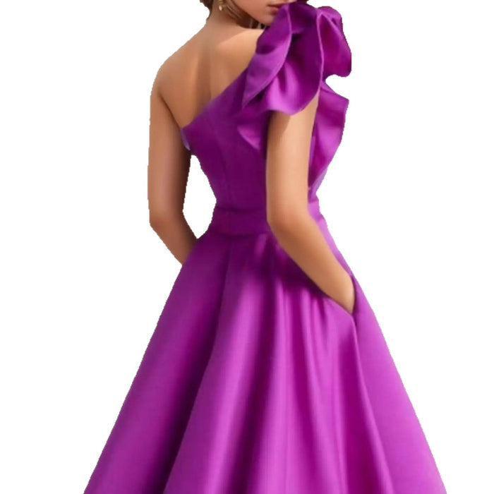 One Shoulder Midi Dress with 3D Flower | Satin Cocktail Party Evening Gown