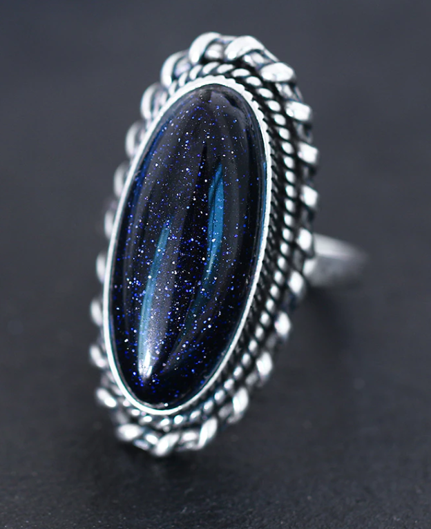 side of .925 silver plated blue sand vintage style ring.