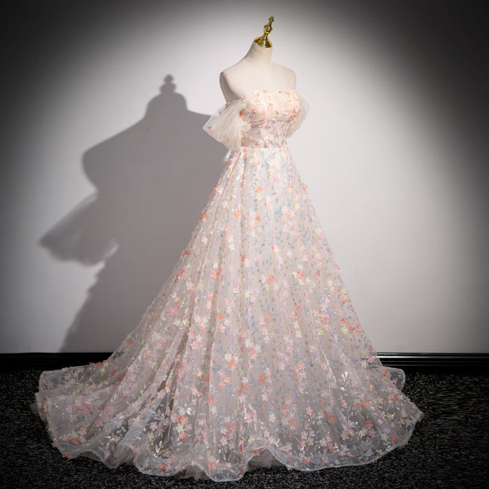 Pink Floral Tulle Prom Dress with Off-Shoulder Sleeves | 3D Flower Evening Gown for Quinceanera & Sweet 16