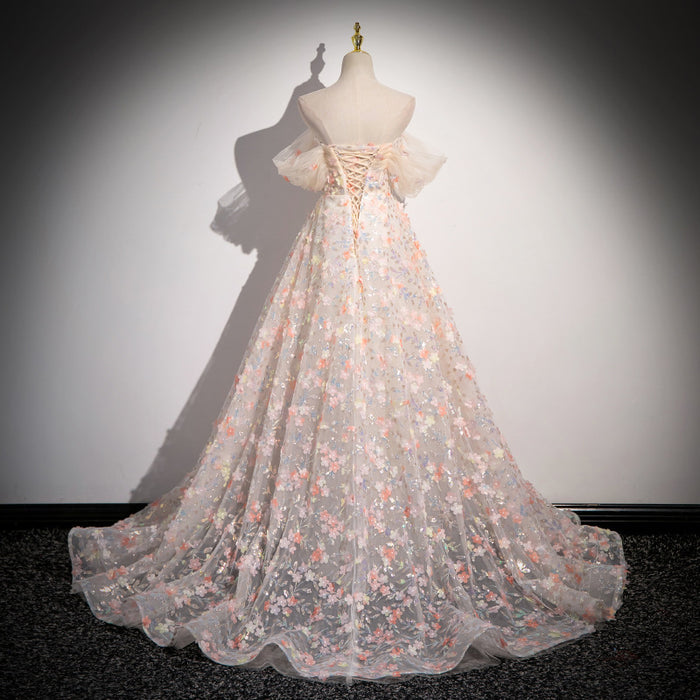 Pink Floral Tulle Prom Dress with Off-Shoulder Sleeves | 3D Flower Evening Gown for Quinceanera & Sweet 16