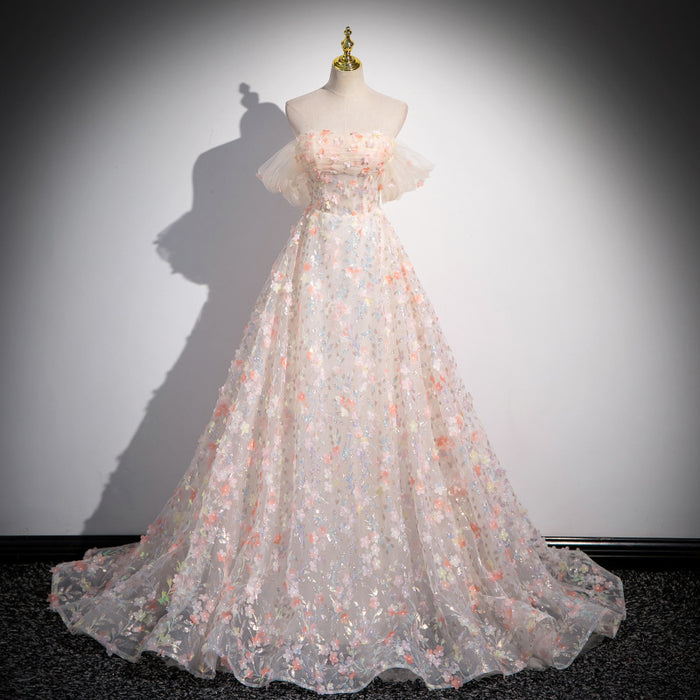 Pink Floral Tulle Prom Dress with Off-Shoulder Sleeves | 3D Flower Evening Gown for Quinceanera & Sweet 16