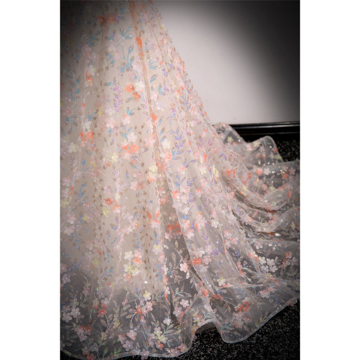 Pink Floral Tulle Prom Dress with Off-Shoulder Sleeves | 3D Flower Evening Gown for Quinceanera & Sweet 16