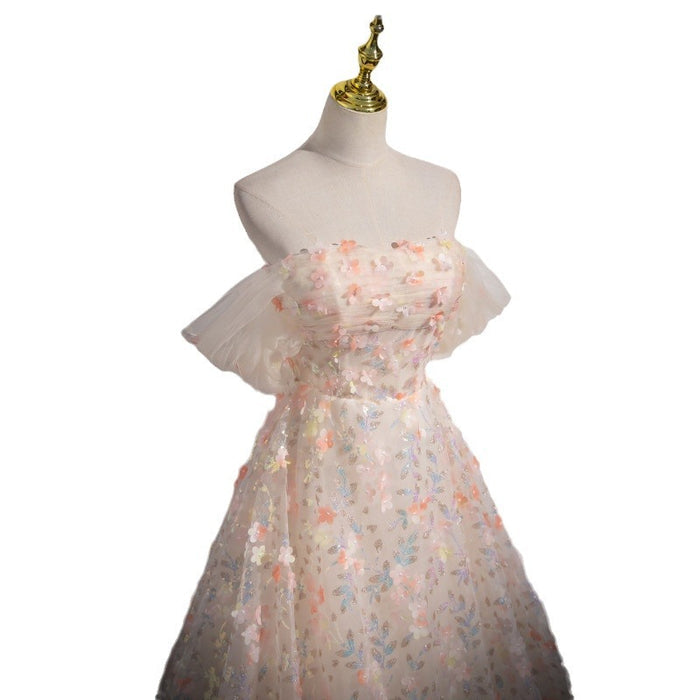 Pink Floral Tulle Prom Dress with Off-Shoulder Sleeves | 3D Flower Evening Gown for Quinceanera & Sweet 16