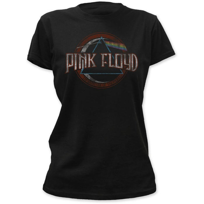 black band shirt with pink floyd logo, prism graphic and words "the dark side of the moon"