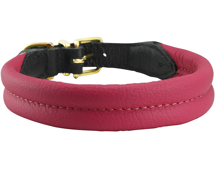 Pink Soft Genuine Rolled Leather Dog Collar Brass Hardware