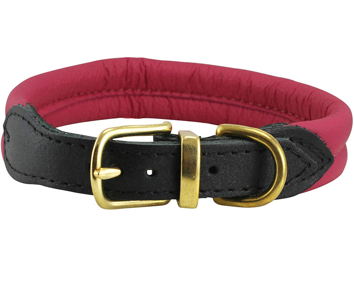 Pink Soft Genuine Rolled Leather Dog Collar Brass Hardware