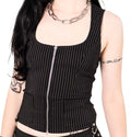 Model wearing a black pinstripe top on white background
