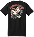 back of Black Lucky 13 t-shirt with a full back screen print of the "Piston Pin-Up" girl graphic and a front left chest print to match.