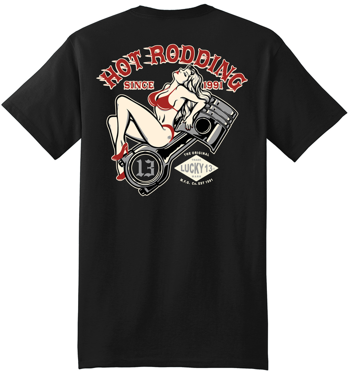 back of Black Lucky 13 t-shirt with a full back screen print of the "Piston Pin-Up" girl graphic and a front left chest print to match.