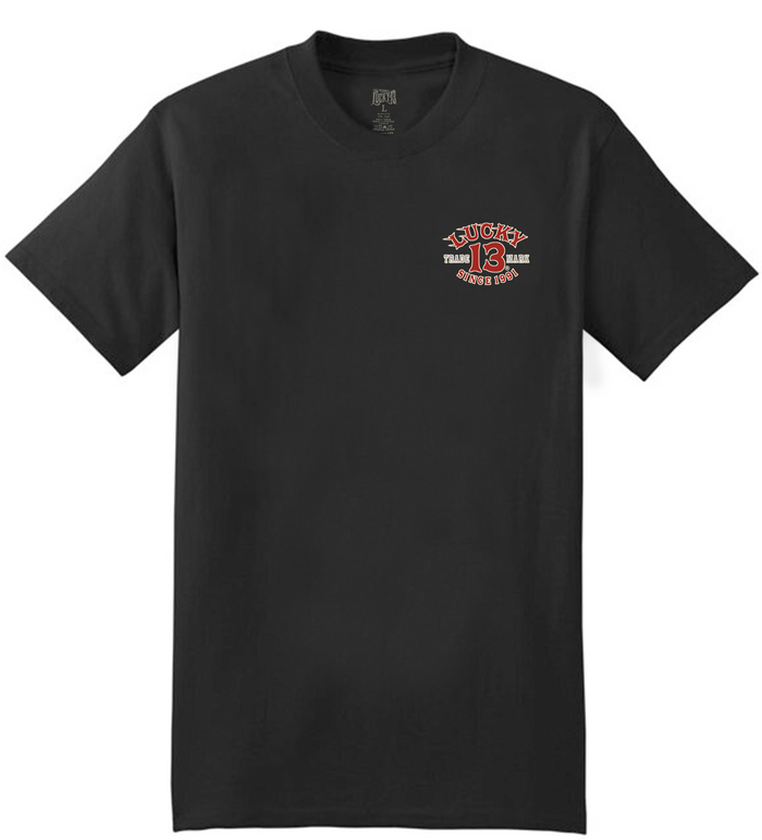 front of Black Lucky 13 t-shirt with a full back screen print of the "Piston Pin-Up" girl graphic and a front left chest print to match.