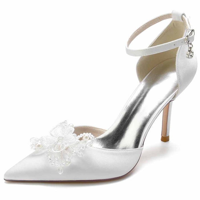 S&DCo. bridal satin point toe heels with elegant beaded floral design and ankle strap
