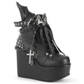outer view of 5" wedge platform Wedge ankle bootie style boot Features wrap around studded & spike straps Bat buckle detail Chain with various hanging charms Batwing detail up the back Inside metal zip closure.
