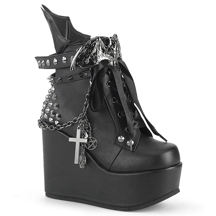 outer view of 5" wedge platform Wedge ankle bootie style boot Features wrap around studded & spike straps Bat buckle detail Chain with various hanging charms Batwing detail up the back Inside metal zip closure.