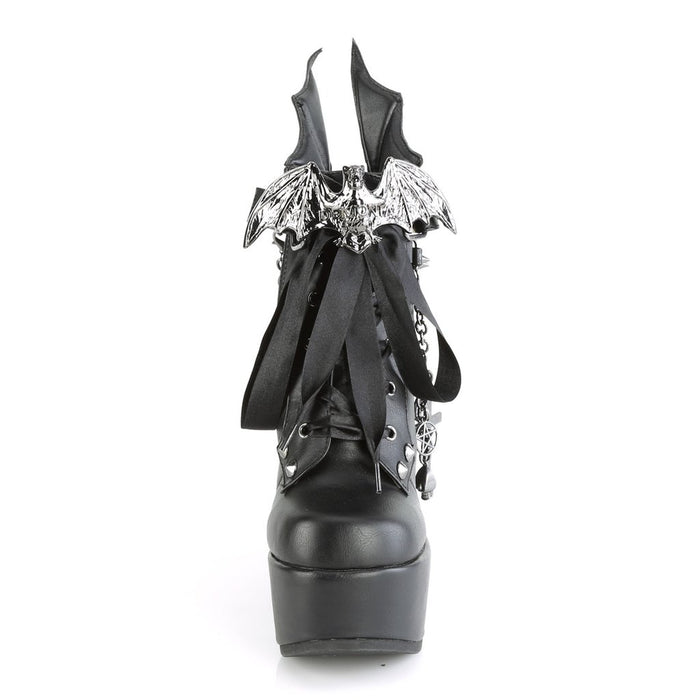 front view of 5" wedge platform Wedge ankle bootie style boot Features wrap around studded & spike straps Bat buckle detail Chain with various hanging charms Batwing detail up the back Inside metal zip closure.