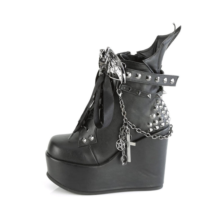 inner view of 5" wedge platform Wedge ankle bootie style boot Features wrap around studded & spike straps Bat buckle detail Chain with various hanging charms Batwing detail up the back Inside metal zip closure.