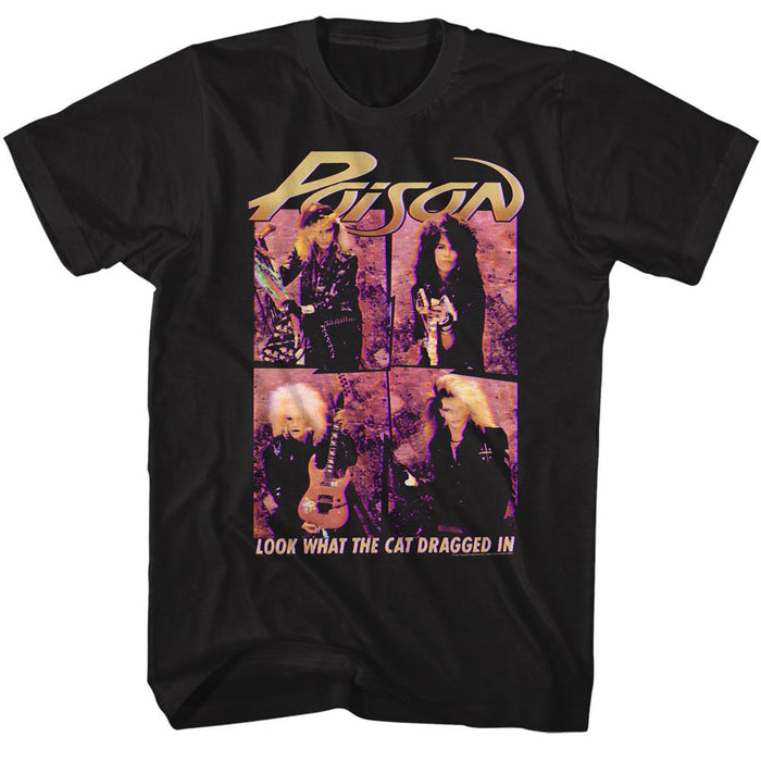 black unisex poison shirt with logo on top, pink band member photos in middle and text on the bottom that reads "look what the cat dragged in"