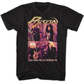 black unisex poison shirt with logo on top, pink band member photos in middle and text on the bottom that reads "look what the cat dragged in"