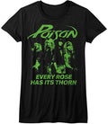 women's black poison shirt with logo on top, green band picture in the middle and text that reads "every rose has its thorn" on the bottom