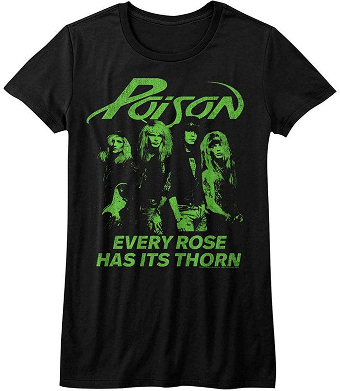 women's black poison shirt with logo on top, green band picture in the middle and text that reads "every rose has its thorn" on the bottom