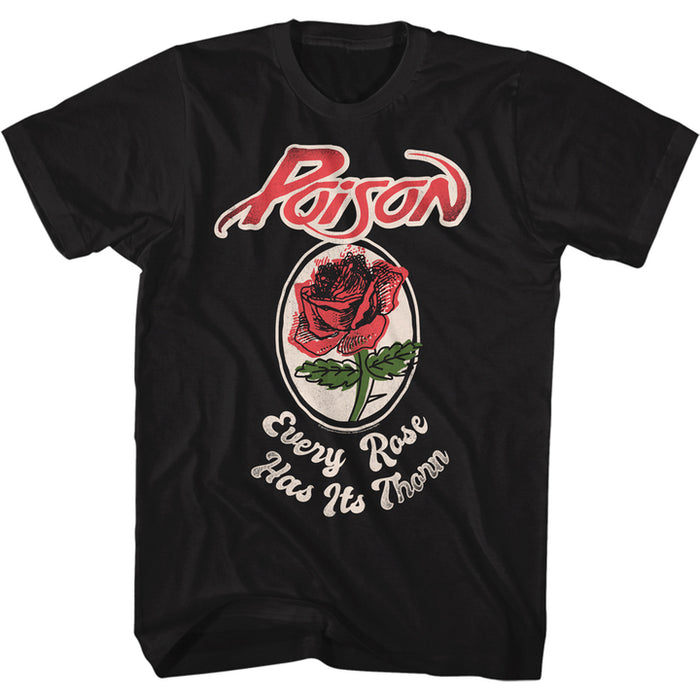 black unisex poison shirt with logo on top, rose artwork in the middle and text on the bottom that reads "every rose has its thorn"