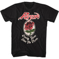 black unisex poison shirt with logo on top, rose artwork in the middle and text on the bottom that reads "every rose has its thorn"
