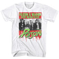 white unisex shirt with text on the top that reads "flesh & blood 1991 world tour", black and white band photo in the middle, and green logo on bottom