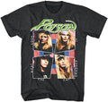 gray/black unisex poison shirt with green logo on top, band collage photo in the middle, and white text around graphic that reads "look what the cat dragged in"