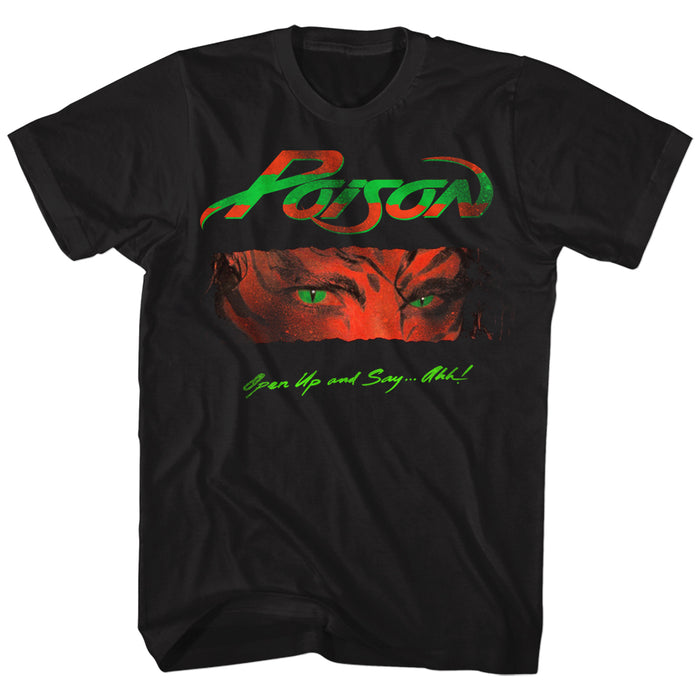 black unisex poison shirt with green/red logo on top, open up and say ahh album cover art in the middle and green text on the bottom that reads "open up and say ...ahh!"