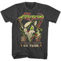 black unisex poison shirt with red/green logo on top, cat with cigar graphic in middle, and text on the bottom that reads "86, 87. look what the cat dragged in us tour"