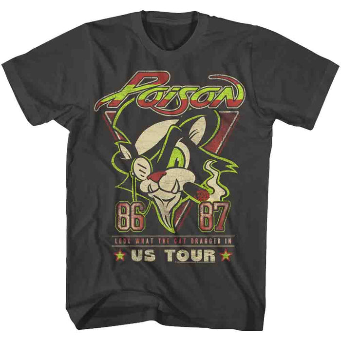 black unisex poison shirt with red/green logo on top, cat with cigar graphic in middle, and text on the bottom that reads "86, 87. look what the cat dragged in us tour"