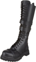 front outer view of Real black leather, 1 1/4" heel knee-high steel toe boot with full inside zipper.