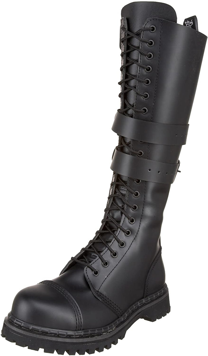 front outer view of Real black leather, 1 1/4" heel knee-high steel toe boot with full inside zipper.