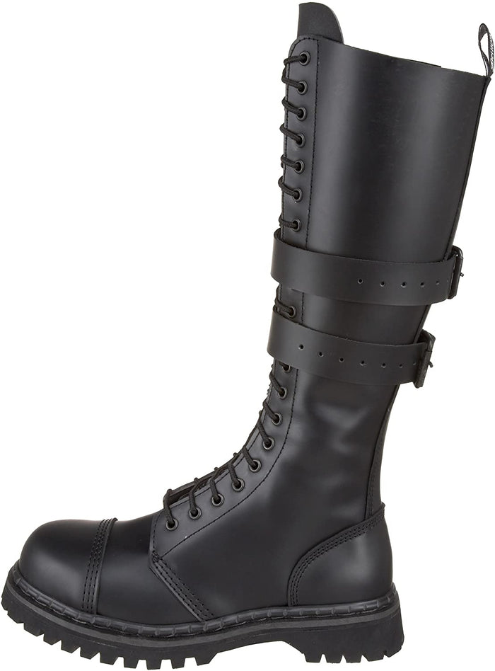 outer side view of Real black leather, 1 1/4" heel knee-high steel toe boot with full inside zipper.
