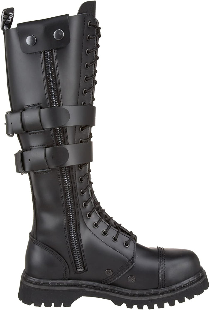inner side view of Real black leather, 1 1/4" heel knee-high steel toe boot with full inside zipper.