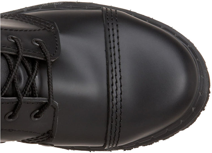 upper top view of Real black leather, 1 1/4" heel knee-high steel toe boot with full inside zipper.