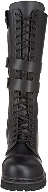 front view of Real black leather, 1 1/4" heel knee-high steel toe boot with full inside zipper.