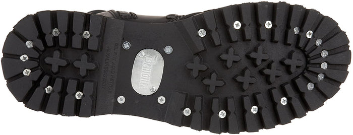 bottom underneath sole view of Real black leather, 1 1/4" heel knee-high steel toe boot with full inside zipper.