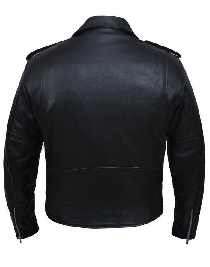 back view of black real leather motorcycle style with snap down label, motorcycle style collar. epaulets and asymmetrical zipper.