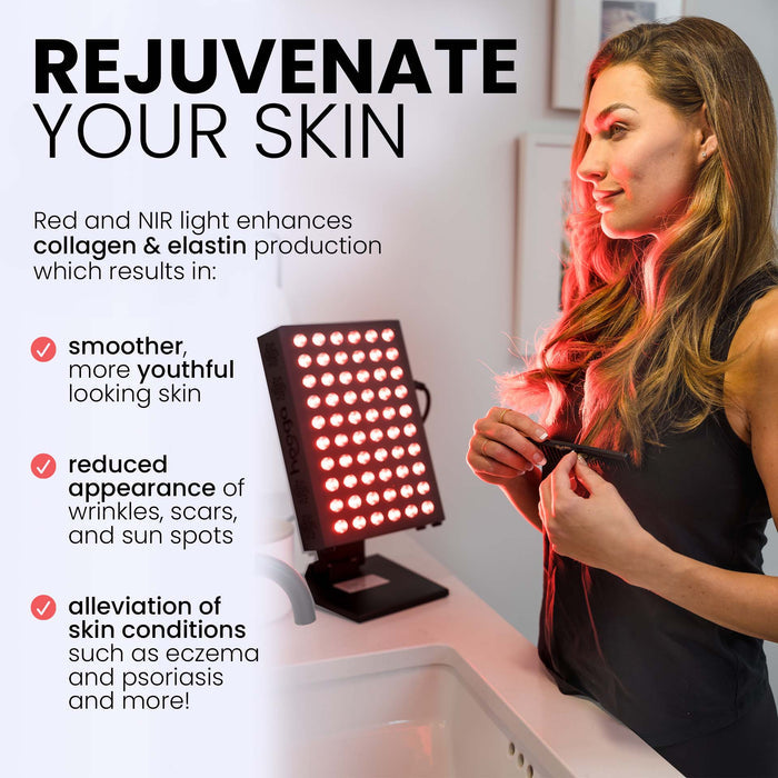 Woman using Hooga PRO300 red light therapy panel for skin rejuvenation