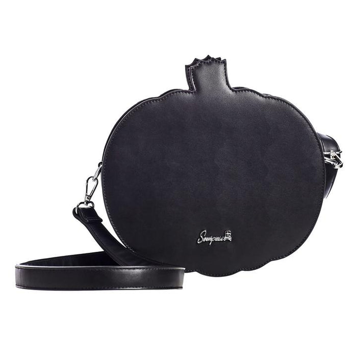 Matte black vinyl jack o lantern purse with sparkly glitter vinyl stitched details. Purse has adjustable strap, zip closure, leopard print satin lining and a zippered pocket on the inside. Can be worn as a cross body bag, or on the shoulder.