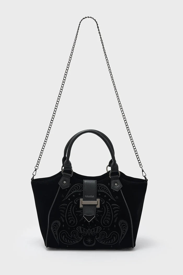 Black handbag with chain strap on a white background