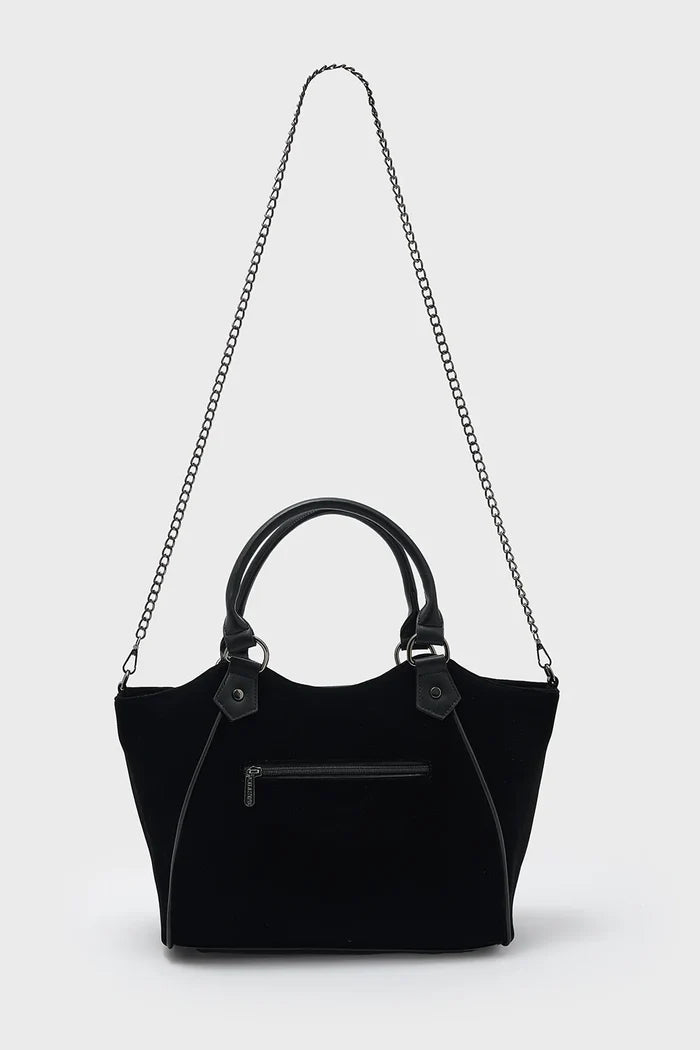 Black handbag with a chain shoulder strap on a white background