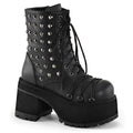 outer view of Black vegan leather 3 3/4" heel, 2 1/4" platform lace-Up front ankle boot with criss-cross D-ring lace on vamp and spikes detail. Inside zip closure.