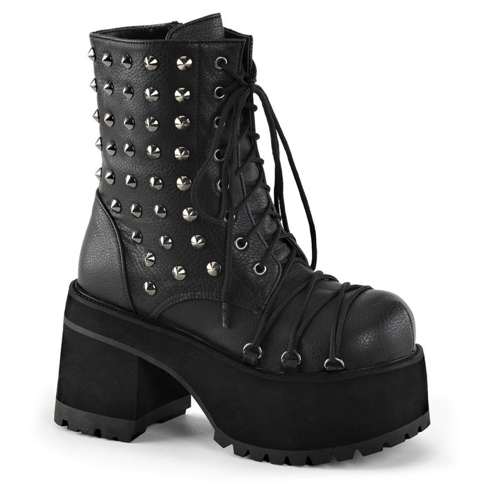 outer view of Black vegan leather 3 3/4" heel, 2 1/4" platform lace-Up front ankle boot with criss-cross D-ring lace on vamp and spikes detail. Inside zip closure.