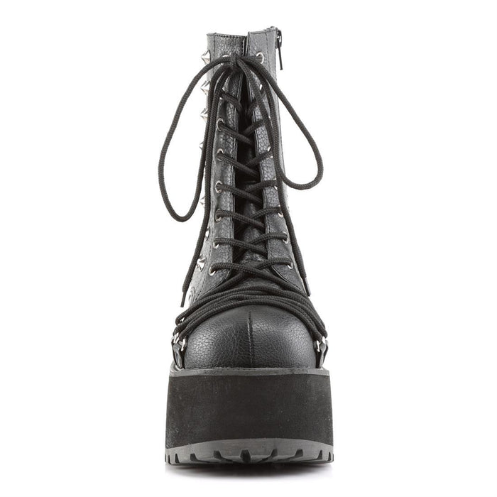 front view of Black vegan leather 3 3/4" heel, 2 1/4" platform lace-Up front ankle boot with criss-cross D-ring lace on vamp and spikes detail. Inside zip closure.