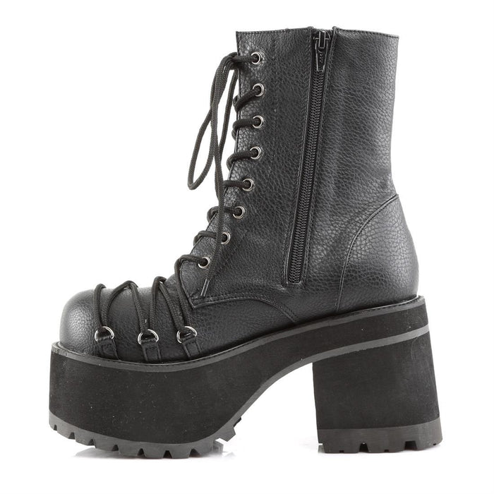 inner view of Black vegan leather 3 3/4" heel, 2 1/4" platform lace-Up front ankle boot with criss-cross D-ring lace on vamp and spikes detail. Inside zip closure.
